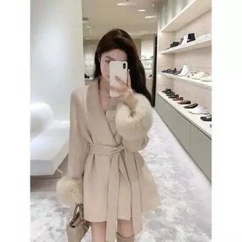 Модное черное шерстяное пальто с ремешками, женская одежда, весна и осень, свободные зимние пальто премиум-класса с ворсистыми рукавами S серый