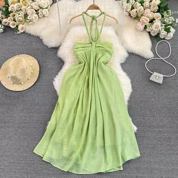 Модное чистое желание, протирание ветром, грудь, шея, демонстрация плеч, талии, талии, тонкое зеленое платье трапециевидной формы, женское пляжное платье для отдыха на пляже, лыжи