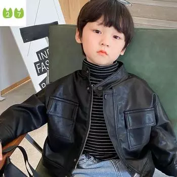 Модное детское кожаное пальто для мальчиков и девочек, модные топы 80cm чёрный
