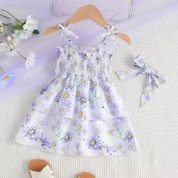Модное детское платье с цветочным принтом и бантом на шее, летнее платье принцессы для девочек + повязка на голову 100