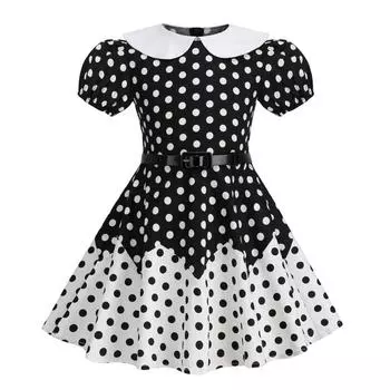 Модное детское платье с поясом, стеганое, в стиле ретро, в горошек M чёрный