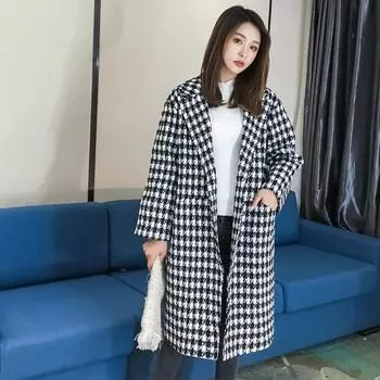 Модное длинное клетчатое шерстяное пальто для женщин — корейский стиль L