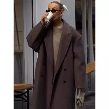Модное длинное пальто со свободными лацканами, однотонное двубортное женское ретро-дизайн, куртка премиум-класса S