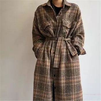 Модное длинное пальто в клетку, женское зимнее корейское повседневное свободное однобортное пальто, женская уличная куртка one size фиолетовый