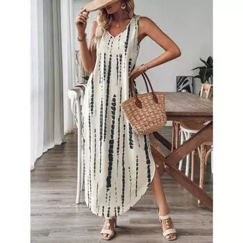 Модное длинное платье без рукавов с V-образным вырезом, новое свободное элегантное вечернее платье с разрезом на подтяжках, женское простое платье А-силуэта 2668 S