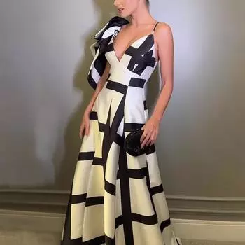 Модное длинное платье с геометрическим узором и высокой талией, элегантное женское вечернее платье, сексуальное женское вечернее платье без рукавов с открытой спиной S белый
