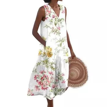 Модное длинное платье с V-образным вырезом и лямкой на шее, удобные длинные свободные платья с принтом XL