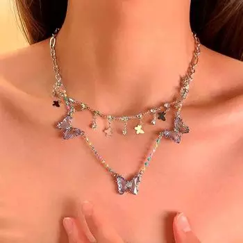 Модное двойное ожерелье-бабочка Кристалл блестящее кулон-бабочка ожерелье модное ювелирное изделие подарок