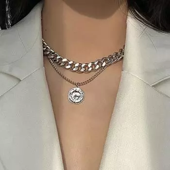 Модное двойное ожерелье из монет, круглая портретная толстая цепочка на ключицу серебряный
