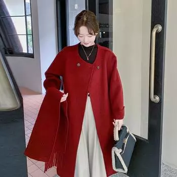 МОДНОЕ двухстороннее шерстяное пальто женское средней и длинной длины 2024 зимнее новое со съемным шарфом шерстяное пальто Одежда S красный