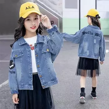 Модное джинсовое пальто для девочек, весенне-осенний джинсовый топ для девочек, детское корейское пальто среднего и большого размера 160