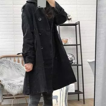 Модное джинсовое пальто свободного кроя с двубортным дизайном для женщин, идеально подходящее для весны и осени M чёрный