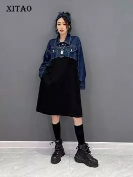 Модное джинсовое платье XITAO в стиле пэчворк ZY7759 One Size серый