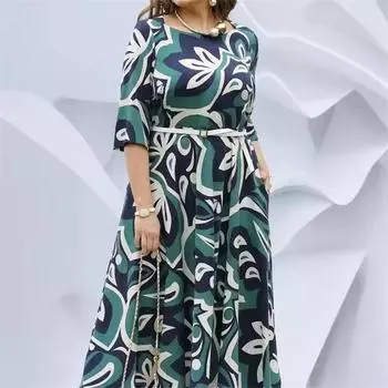 Модное европейско-американское печатное платье макси с длинным рукавом и круглым вырезом с поясом, женская одежда L зелёный