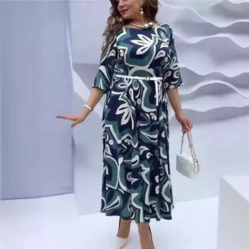 Модное европейско-американское печатное платье макси с длинным рукавом и круглым вырезом с поясом, женская одежда L зелёный