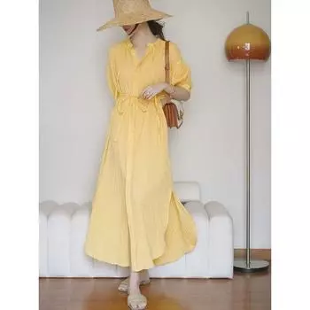 Модное французское платье с v-образным вырезом — женское летнее платье с короткими рукавами и поясом M жёлтый