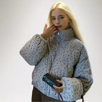 Модное хлопковое пальто-пуховик, женское, новое, короткое, модное, цветочное, хлопковое пальто, свободная, утолщенная, теплая куртка L чёрный