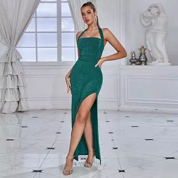 Модное и элегантное платье с однотонным вырезом на шее, открытой спиной и разрезом, вечернее платье. XS зелёный