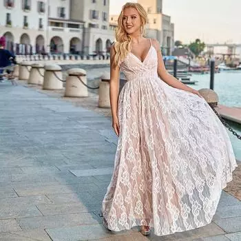 Модное и элегантное платье, свадебное платье из сетки с открытой спиной, длинная юбка на подтяжках. XS белый