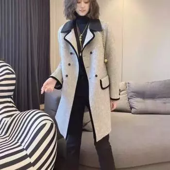 Модное и элегантное женское пальто больших размеров на осень и зиму в корейском стиле, облегающее и универсальное, с цветными блоками, шерстяное пальто M серый
