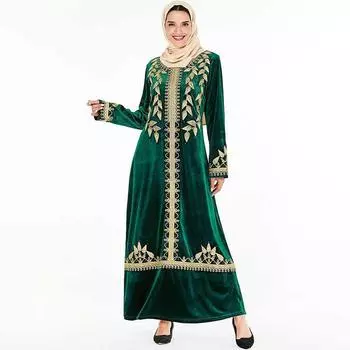 Модное и достойное женское длинное платье из зеленого вышитого арабским золотом бархата (без учета платка) XL