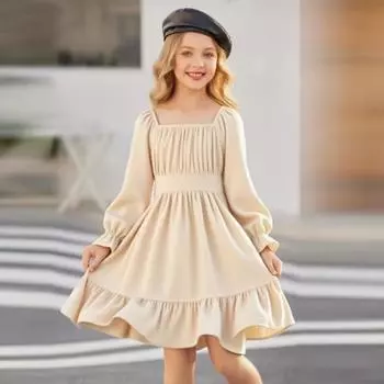 Модное и милое платье для девочек однотонное с приталенным силуэтом, квадратным вырезом, рукавами-колокольчиками и пышной юбкой с оборками 100 бежевый