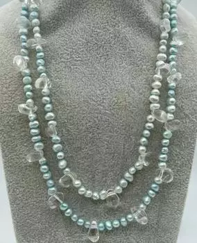 Модное и модное ожерелье ручной работы с оригинальным камнем без формы, светло-голубое, двустороннее, в стиле барокко, с пресноводным жемчугом, 40 дюймов.