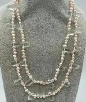 Модное и модное ожерелье ручной работы из неоформленного оригинального камня светло-розового цвета с двусторонним пресноводным жемчугом в стиле барокко длиной 40 дюймов