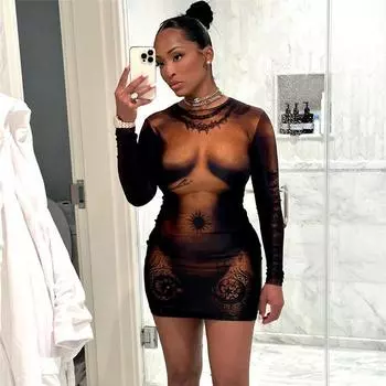 Модное и персонализированное облегающее платье на бедрах с длинными рукавами и объемным принтом S коричневый