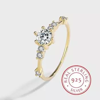 Модное и простое 14-каратное золотое настоящее серебро S925 с шестью зубцами и 7 маленькими бриллиантами геометрическое ювелирное кольцо для женщин 6 золотой