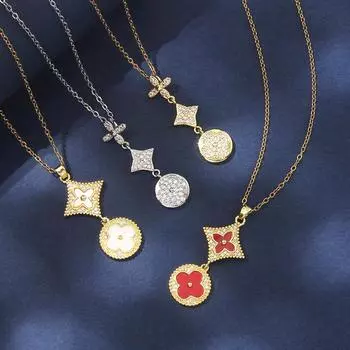 Модное и роскошное круглое ожерелье из нержавеющей стали с четырьмя листами клевера, элегантная цепочка на ключицу с кисточкой и счастливой травой.