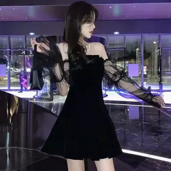 Модное и сексуальное осенне-зимнее платье-сетка с открытыми плечами и рукавами-фонариками в стиле французской феи S чёрный