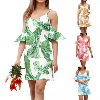 Модное и сексуальное платье на подтяжках с рюшами и V-образным вырезом на рукавах L зелёный