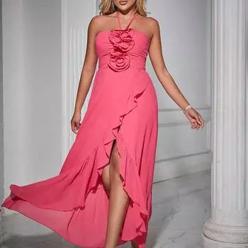 Модное и сексуальное платье с халтер-воротником и цветком для элегантного банкетного наряда. XS розы красного