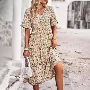 Модное и сексуальное женское элегантное платье с v-образным вырезом, летние платья с короткими рукавами L бежевый