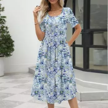 Модное и сексуальное женское летнее новое элегантное платье на молнии с круглым вырезом и коротким рукавом с принтом L синий