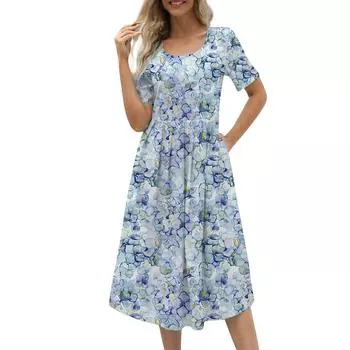 Модное и сексуальное женское летнее новое элегантное платье на молнии с круглым вырезом и коротким рукавом с принтом S зелёный