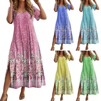 Модное и сексуальное женское платье большого размера с коротким рукавом и длинным 3D-принтом L синий