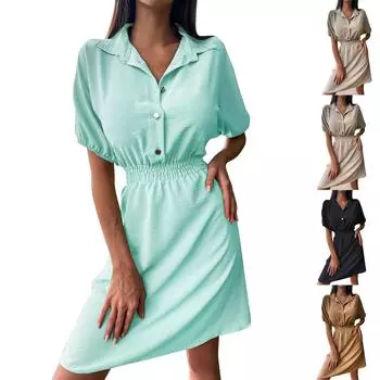 Модное и сексуальное женское платье с воротником и пуговицами на талии L хаки