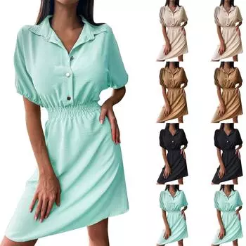 Модное и сексуальное женское платье с воротником и пуговицами на талии L хаки