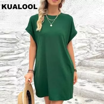 Модное и удобное женское платье, однотонное платье с круглым вырезом и невидимым карманом с рукавами «летучая мышь»