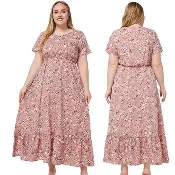 Модное и универсальное платье больших размеров с короткими рукавами и карманом с принтом XL розовый