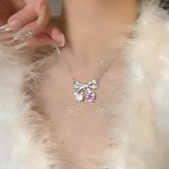 Модное изысканное ожерелье с подвеской в виде вишни с бантом для женщин, темпераментная блестящая цепочка на ключицу, ювелирные изделия для вечеринок, подарки