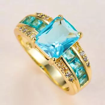 Модное изысканное прямоугольное кольцо с синим камнем и фианитом, кольцо из желтого золота, обручальное кольцо принцессы с любовью, обручальное кольцо, подарок на день Святого Валентина 5 цвет морской волны