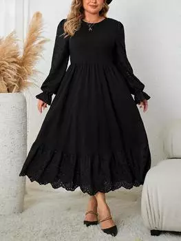 Модное Элегантное Кружевное Длинное Платье С Длинным Рукавом Женское Винтажный Дизайн Плюс Размер Эластичный Талия Свободные Платья Женский Франция Шикарный Тонкий Эластичный A Word Одежда XL чёрный