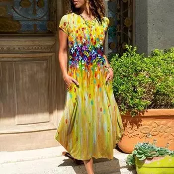 МОДНОЕ Элегантное платье с круглым вырезом, короткими рукавами и боковыми карманами, женское платье-трапеция с цветочным принтом и миди-платьем M жёлтый
