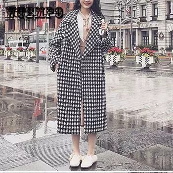 Модное клетчатое пальто, женские свободные длинные шерстяные пальто, зимний Тренч, однобортное пальто L
