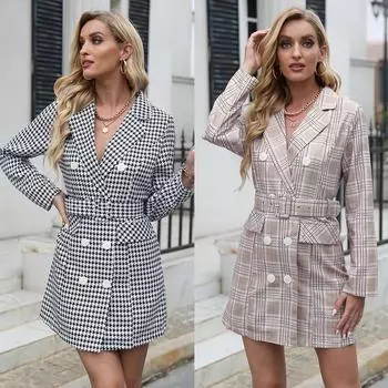 Модное клетчатое платье с длинными рукавами, женское модное новое облегающее двубортное женское офисное платье, короткое S чёрный/белый
