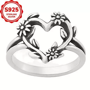 Модное кольцо из стерлингового серебра 925 пробы, античное серебро, в форме сердца, с резным цветком, для женщин, свадебное, для помолвки, подарок 6