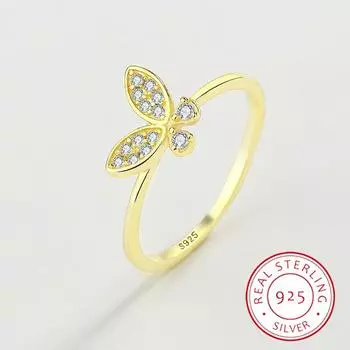 Модное кольцо из стерлингового серебра 925 пробы для женщин, простое блестящее кольцо из 18-каратного золота с цирконом, кольцо с бабочкой, вечерние украшения, подарок на день рождения 6 золотой
